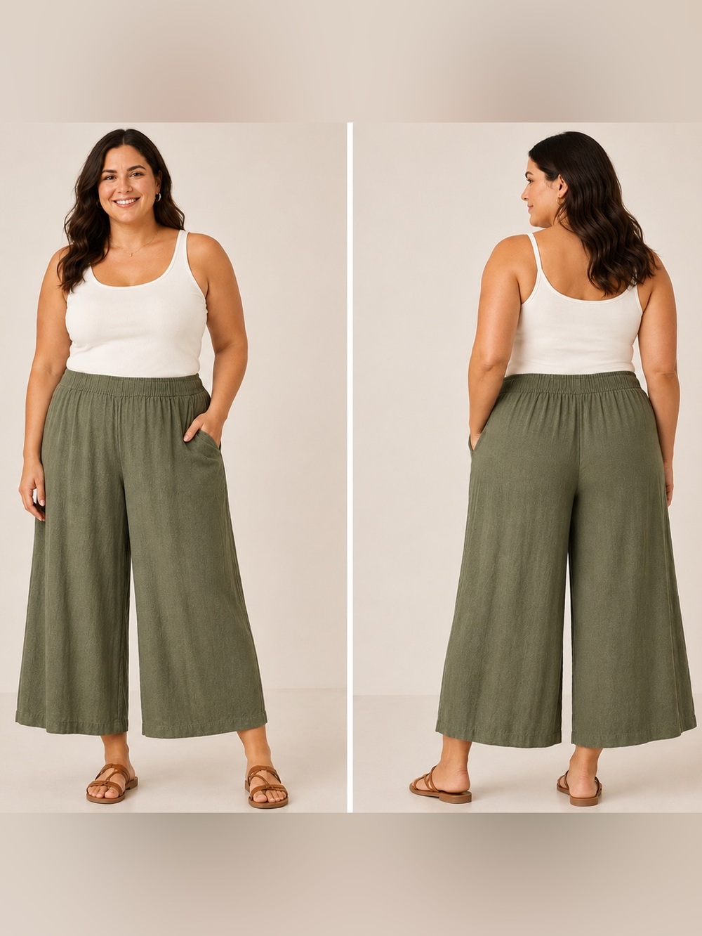 Ella Moss Olive Green Linen Blend Wide Leg Crop Pants Elastic Waist XL (14/16)